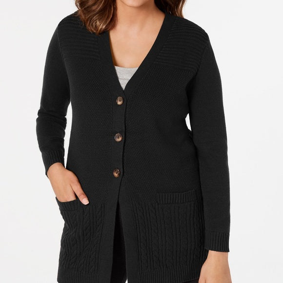 Karen Scott Women's Mixed-Stitch Button-Front Cardigan  Black Size Large