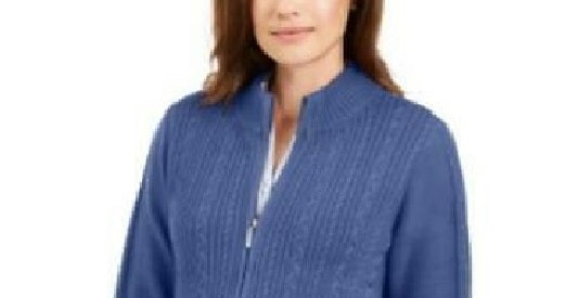 Karen Scott Women's Petite Cable-Knit Zip-Front Sweater Hthr Indigo Size Small