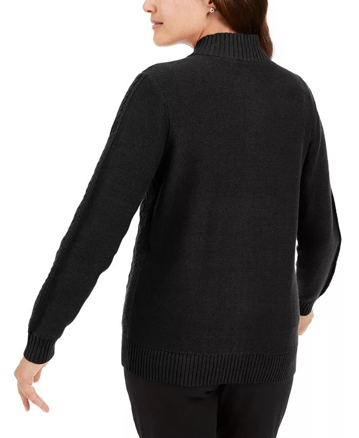 Karen Scott Women's Petite Cable-Knit Zip-Front Sweater Black Size Petite Small