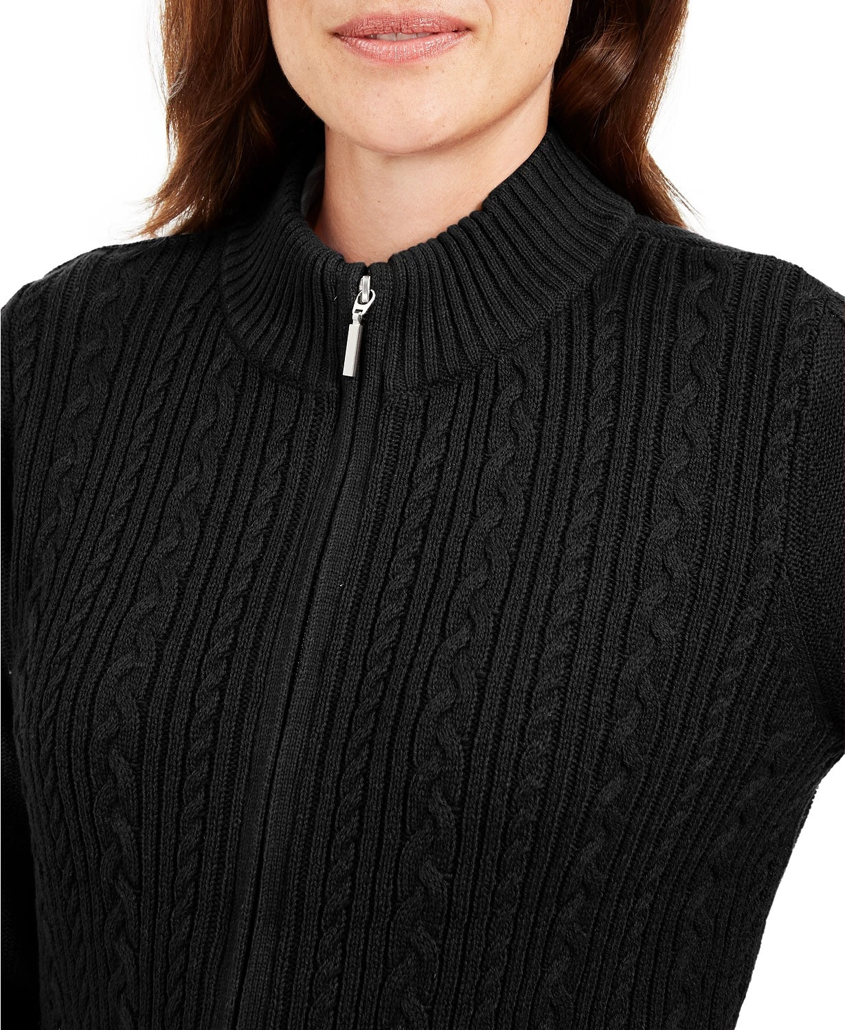 Karen Scott Women's Petite Cable-Knit Zip-Front Sweater Black Size Petite Small