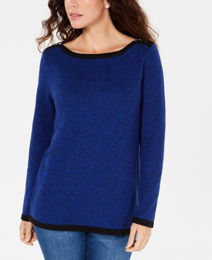 Karen Scott Women's Cotton Contrast Trim Sweater Blue Size X-Small