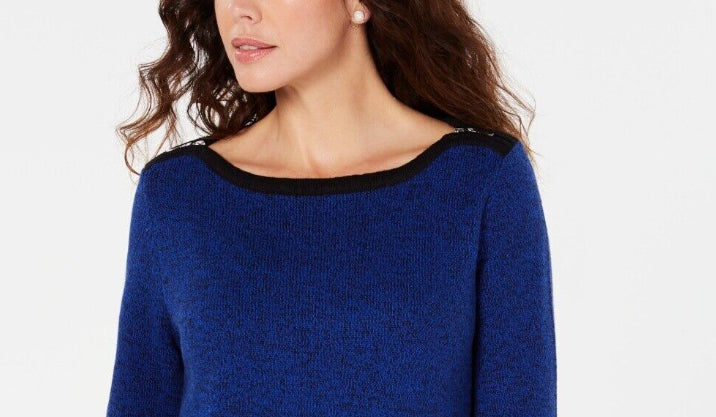 Karen Scott Women's Cotton Contrast Trim Sweater Blue Size X-Small