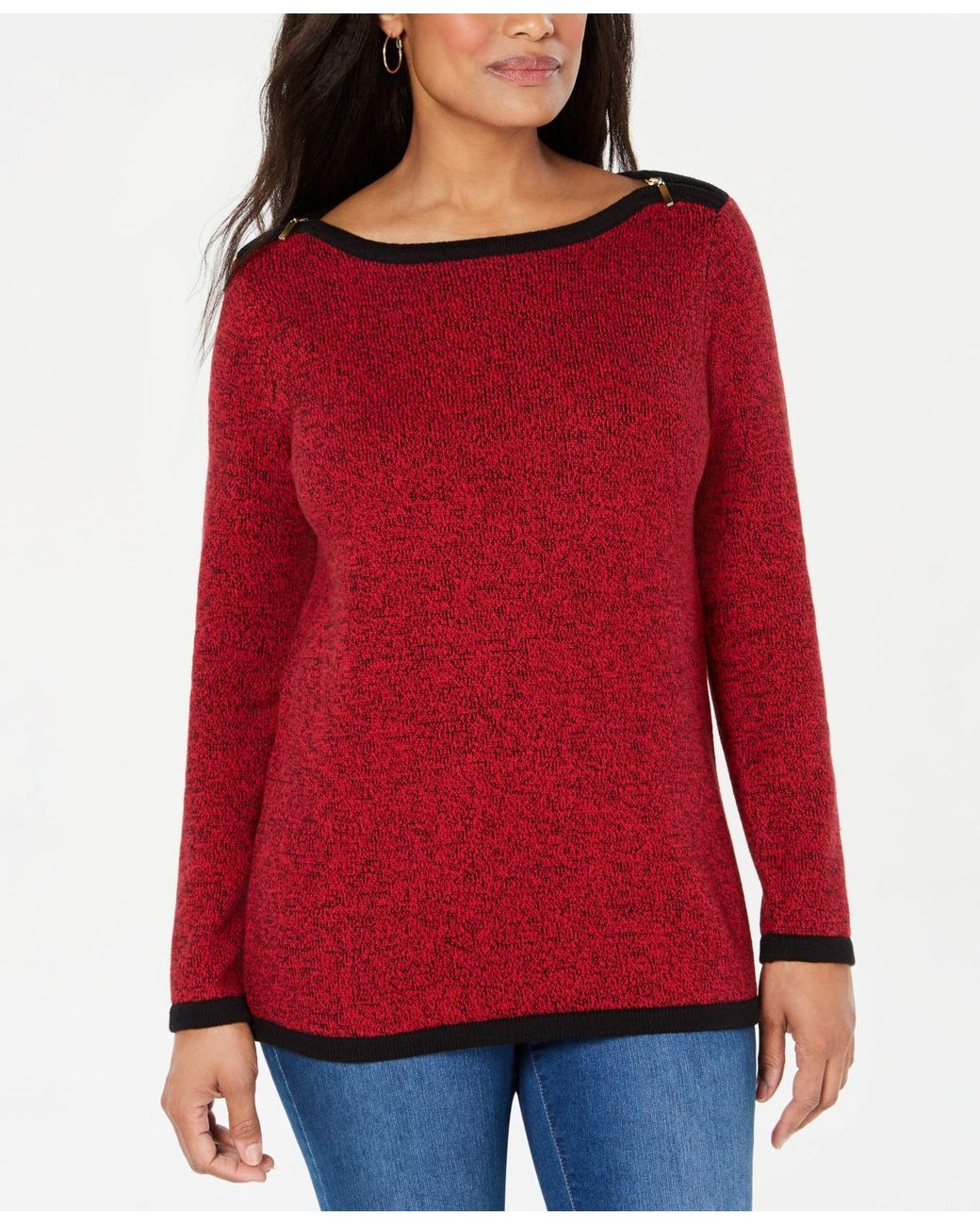 Karen Scott Women's Cotton Contrast Trim Sweater Bright Red Size Medium