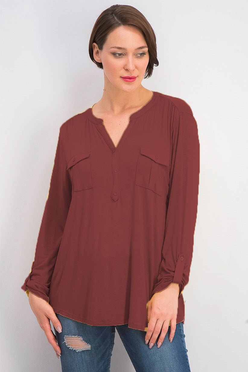Style & Co Women's Split Neck Roll Tab Sleeve Top Berry Jam Size Extra Small