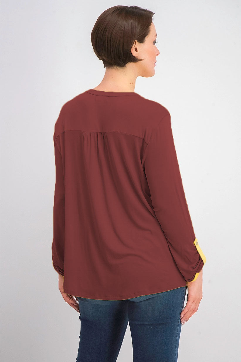 Style & Co Women's Split Neck Roll Tab Sleeve Top Berry Jam Size Extra Small
