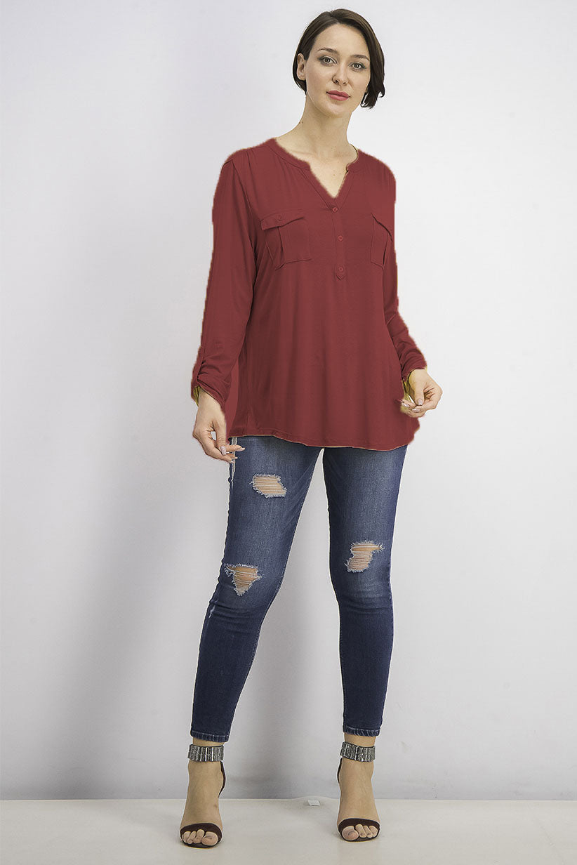 Style & Co Women's Split Neck Roll Tab Sleeve Top Berry Jam Size Extra Small