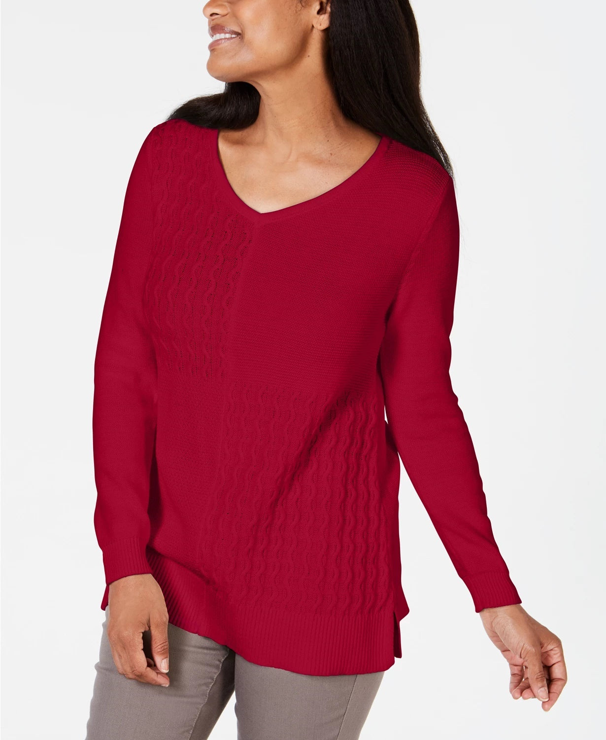 Karen Scott Women's Cotton Mixed Stitch Sweater Bright Red Size Large