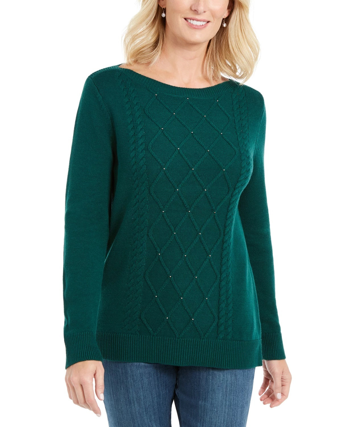 Karen Scott Women's Cable Knit Beaded Sweater Green Size Small