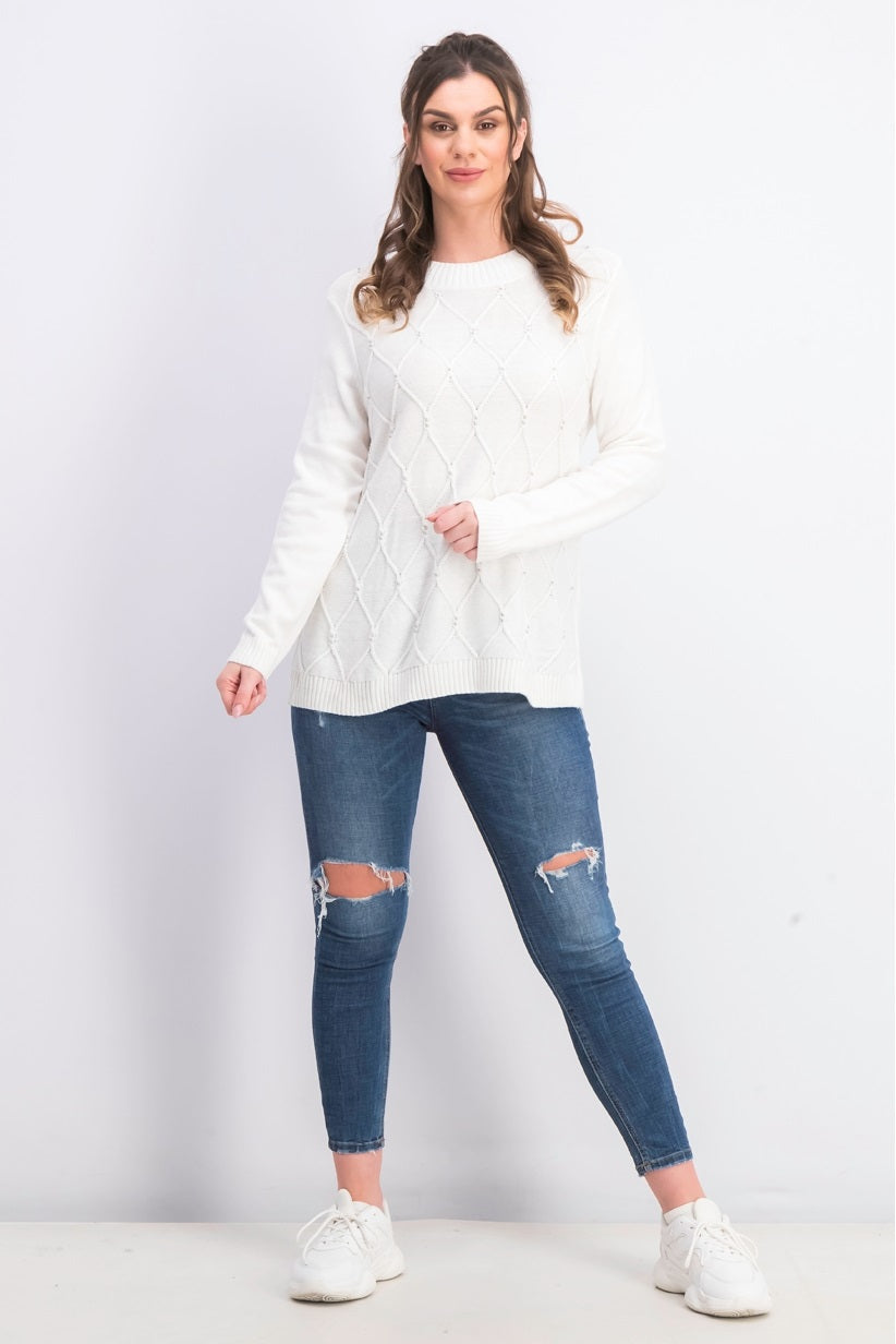 Karen Scott Women's Cable Knit Beaded Sweater White Size Medium