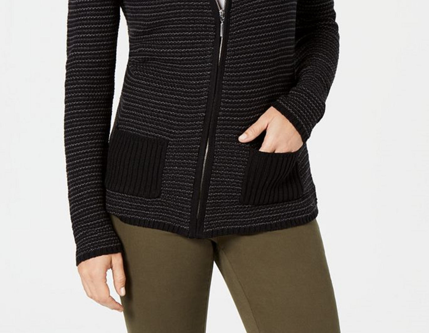 Karen Scott Women's Textured Zip-Front Cardigan Black Size Extra Large