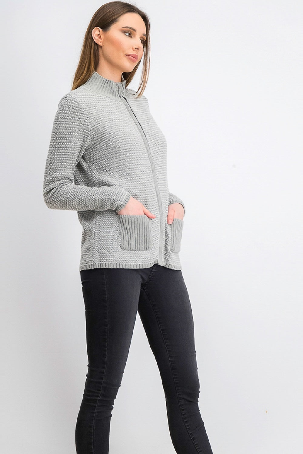 Karen Scott Women's Textured Zip-Front Cardigan Gray Size Large