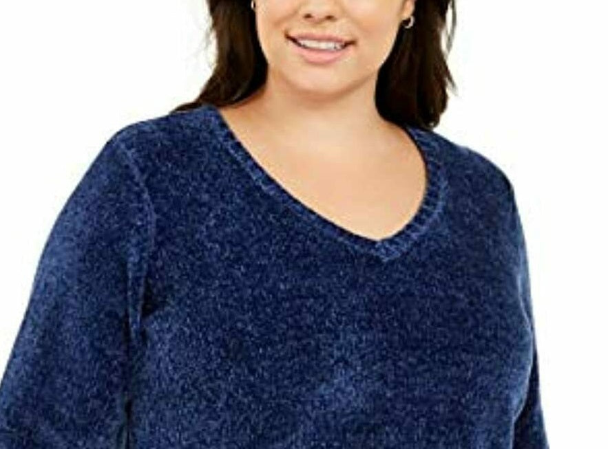 Karen Scott Women's Plus Size V-Neck Chenille Sweater Dark Blue Size 3X