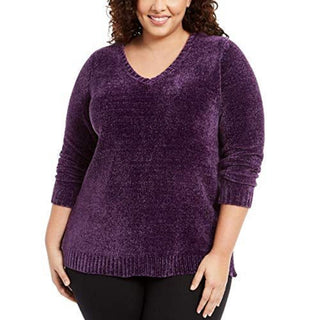 Karen Scott Women's Plus Size V-Neck Chenille Sweater Purple Size Extra Large