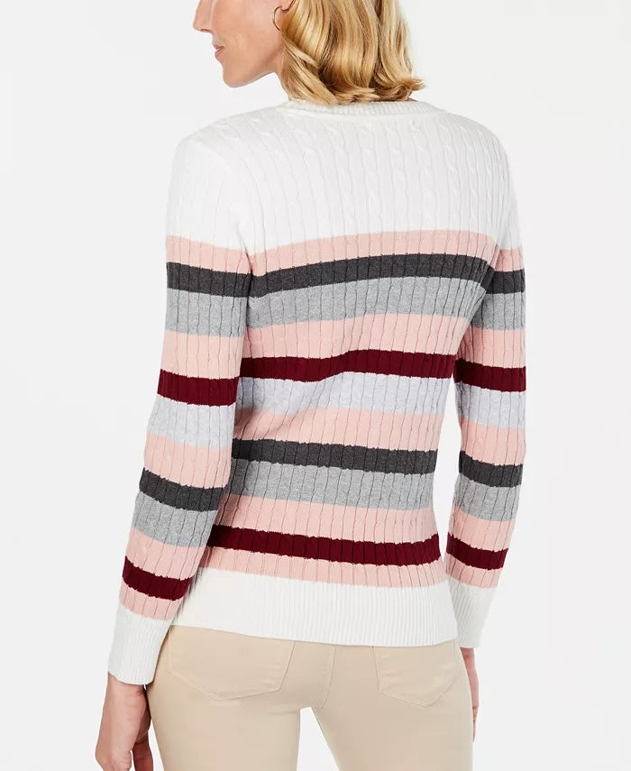 Karen Scott Women's Holly Striped Cotton Cable Sweater  Merlot Combo Size Medium