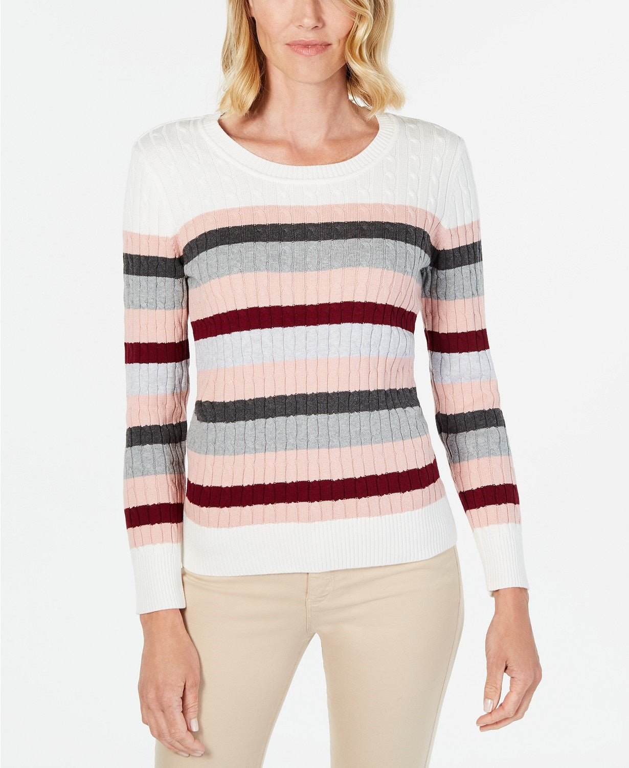 Karen Scott Women's Holly Striped Cotton Cable Sweater Red Size Large