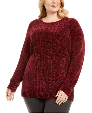 Karen Scott Women's Plus Chenille Cable-Knit Sweater Merlot Size 1X