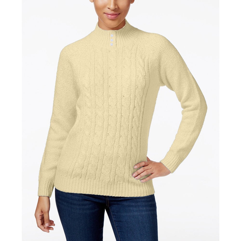 Karen Scott Women's Cable-Knit Faux-Pearl-Button Sweater Yellow Size 2