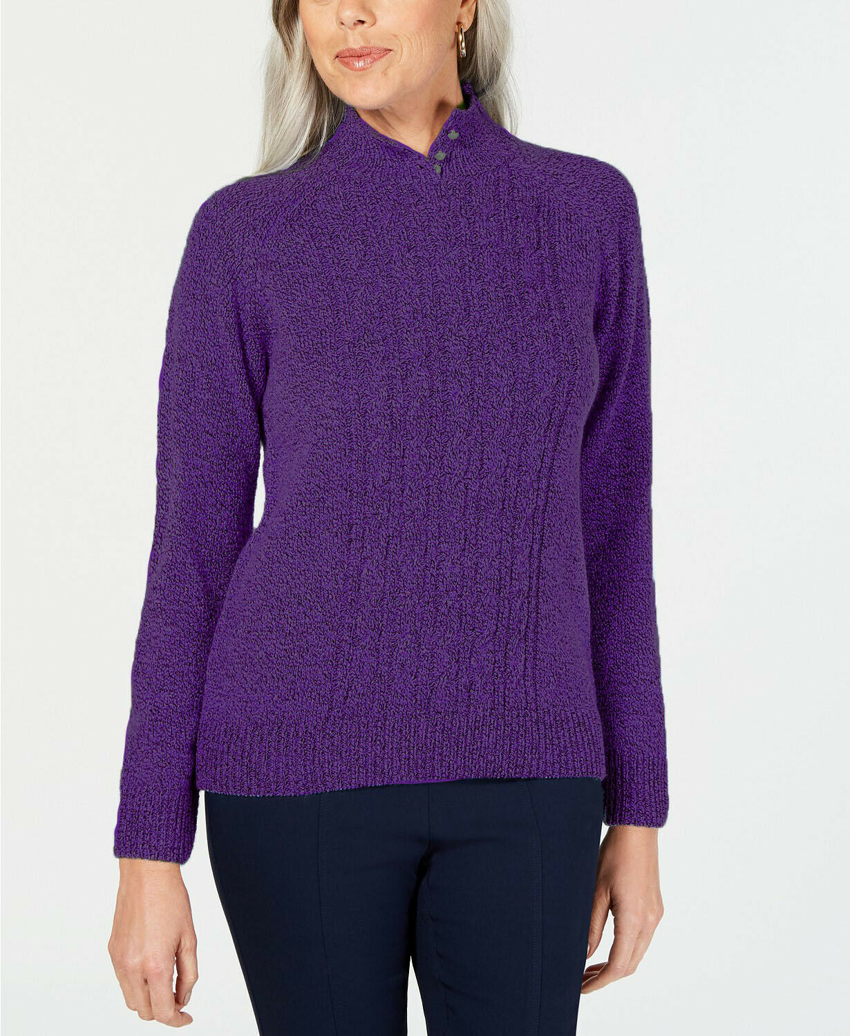 Karen Scott Women's Petite Mock-Neck Cable-Knit Sweater Purple Size Medium