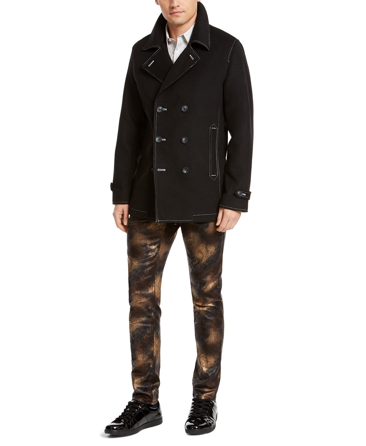 INC International Concepts Men's Contrast Top Stitch Pea Coat Black Size Extra Large