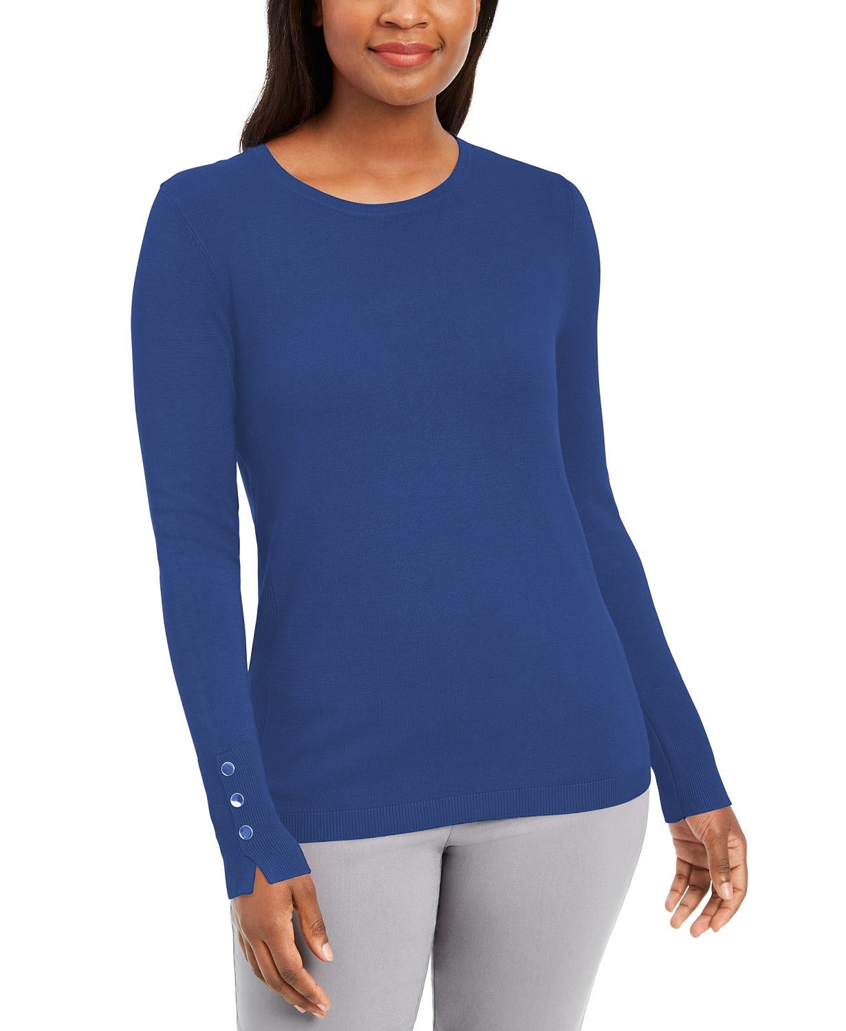 JM Collection Women's Button-Sleeve Crew-Neck Sweater Blue Size XX-Large