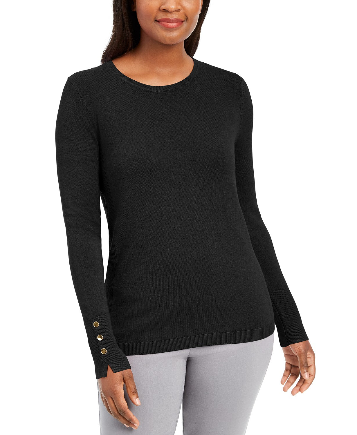JM Collection Women's Button-Sleeve Crew-Neck Sweater Black Size 2 Extra Large