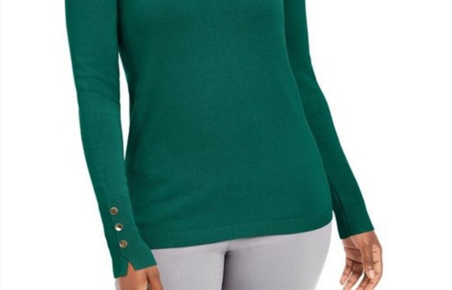 JM Collection Women's  Button-Cuff Crewneck Sweater Green Size Small