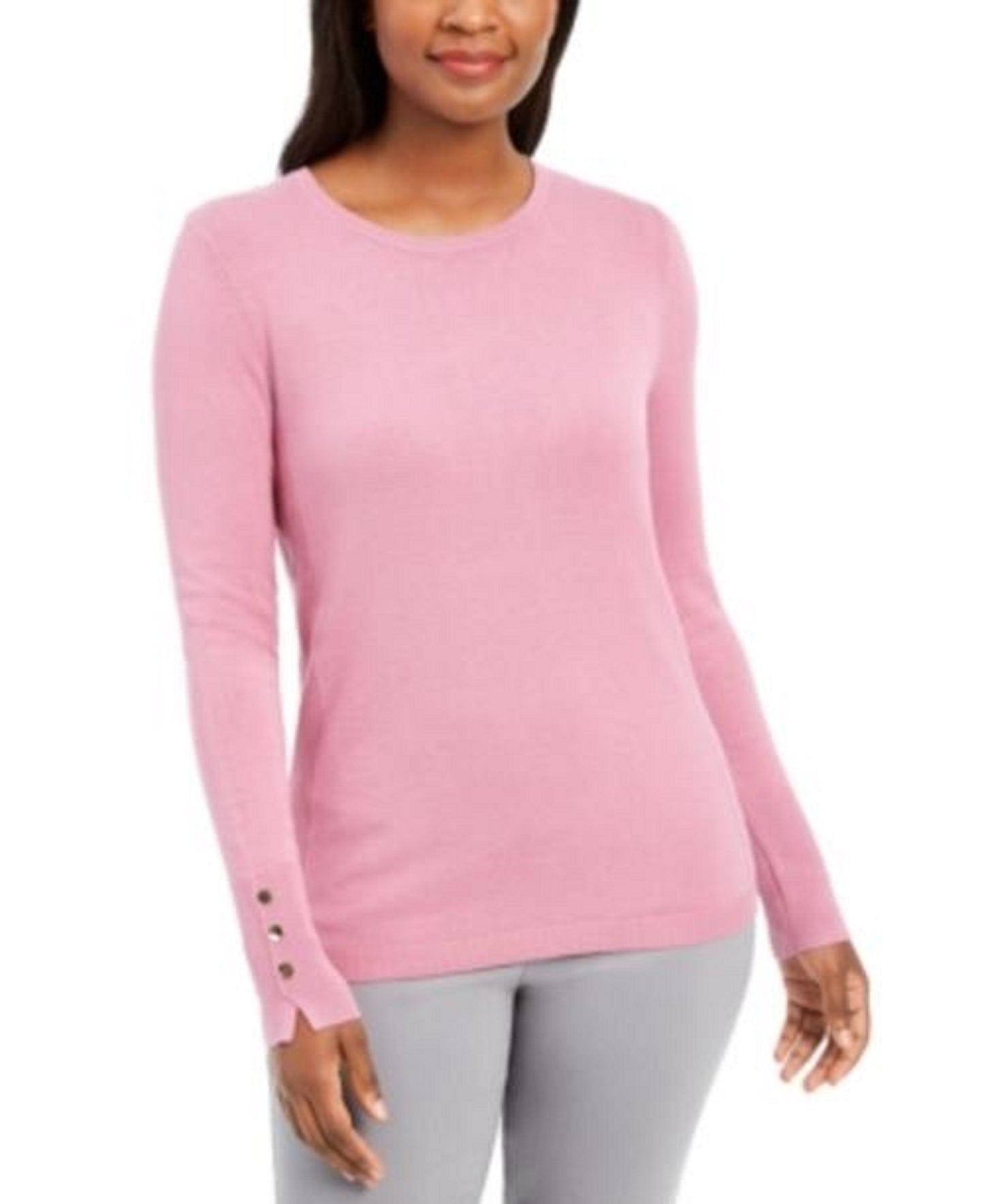 JM Collection Women's Button-Cuff Crewneck Sweater Pink Size Small