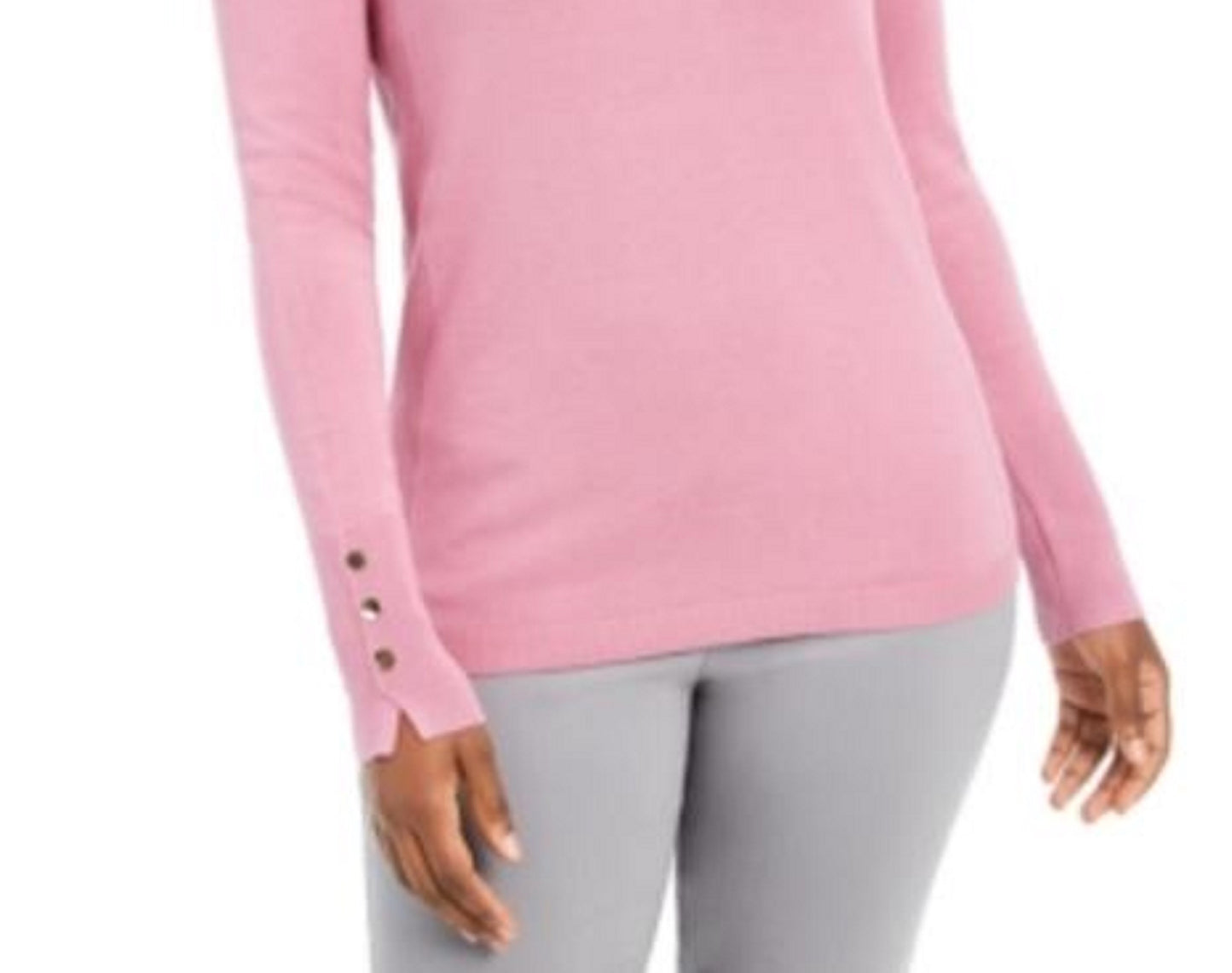 JM Collection Women's Button-Cuff Crewneck Sweater Pink Size Small