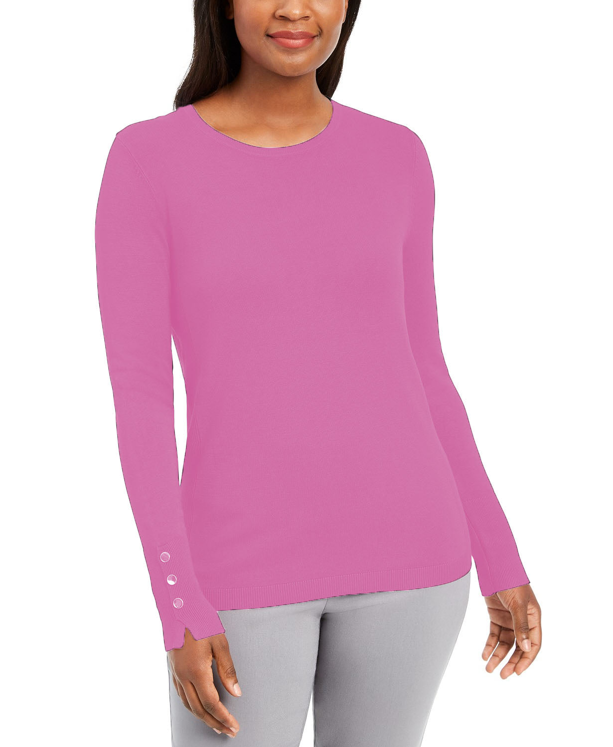 JM Collection Women's Button-Sleeve Crew-Neck Sweater Pink Size X-Large