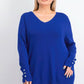 JM Collection Women's Petite Button-Cuff Crewneck Sweater Blue Size Medium