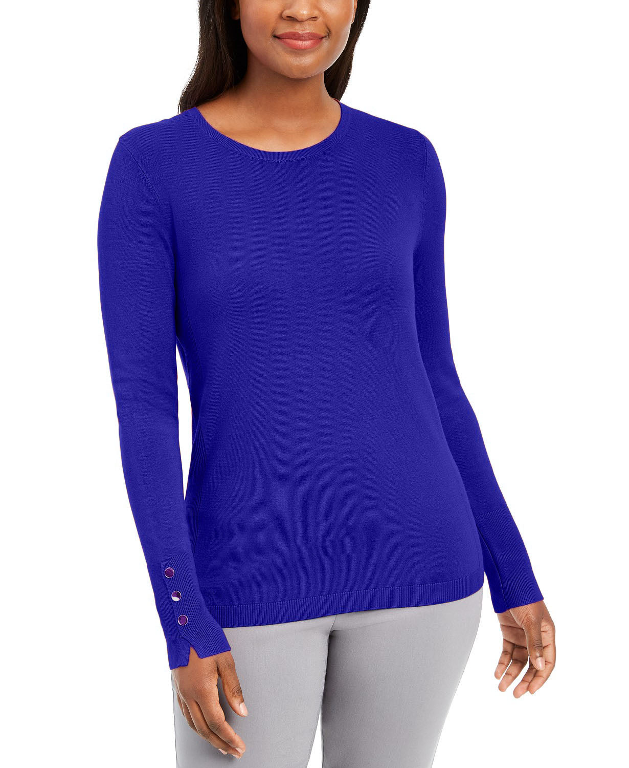 JM Collection Women's Petite Button-Cuff Crewneck Sweater Blue Size XL