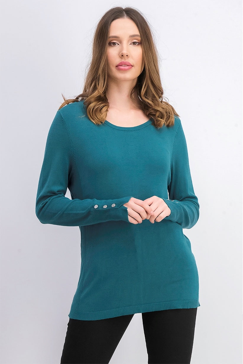 JM Collection Women's Petite Button-Cuff Crewneck Sweater Black Size X-Large