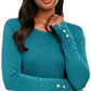 JM Collection Women's Petite Button-Cuff Crewneck Sweater Green Size Petite