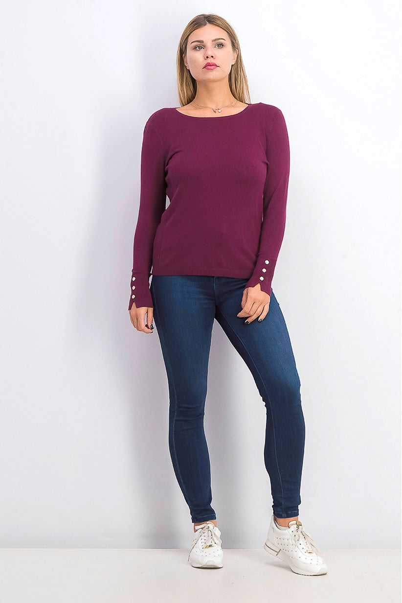 JM Collection Women's Petite Button-Cuff Crewneck Sweater  Berried Treasur Size Petite  Medium