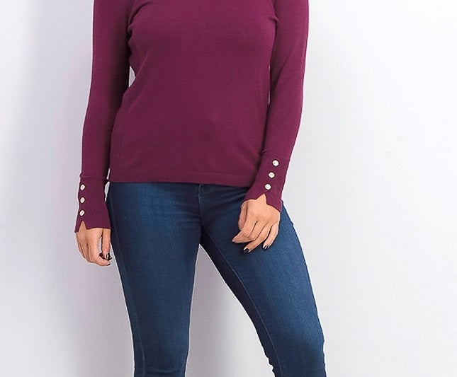 JM Collection Women's Petite Button-Cuff Crewneck Sweater  Berried Treasur Size Petite  Medium