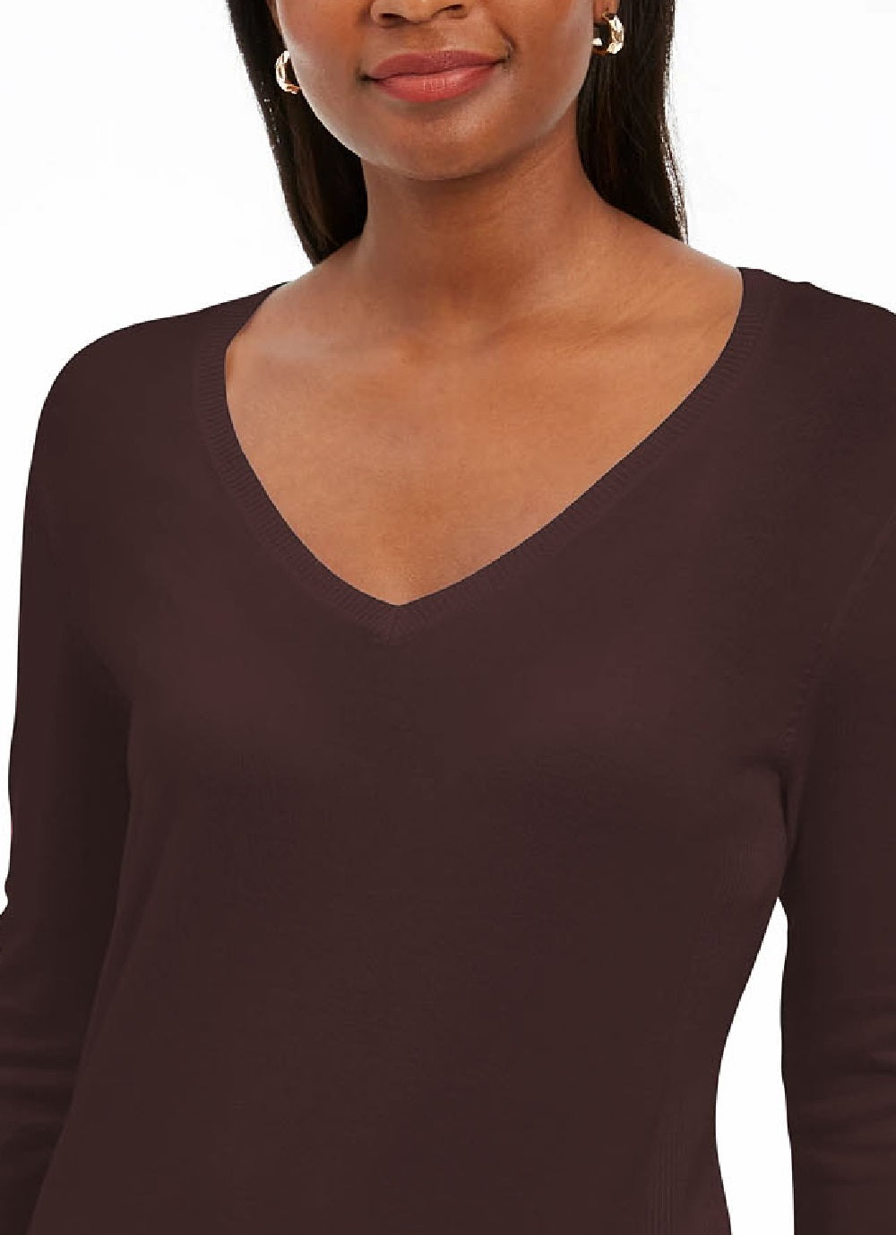 JM Collection Women's Embellished Sleeve V Neck Sweater Brown Size Large