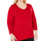JM Collection Women'sCollection Plus Size Button-Cuff V-Neck Sweater  Red Size 2 Extra Large