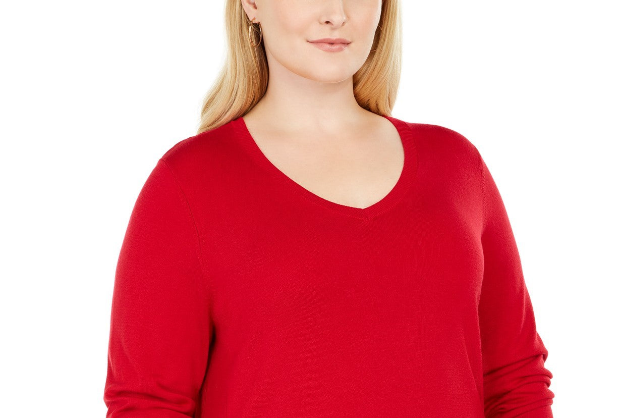 JM Collection Women'sCollection Plus Size Button-Cuff V-Neck Sweater  Red Size 2 Extra Large
