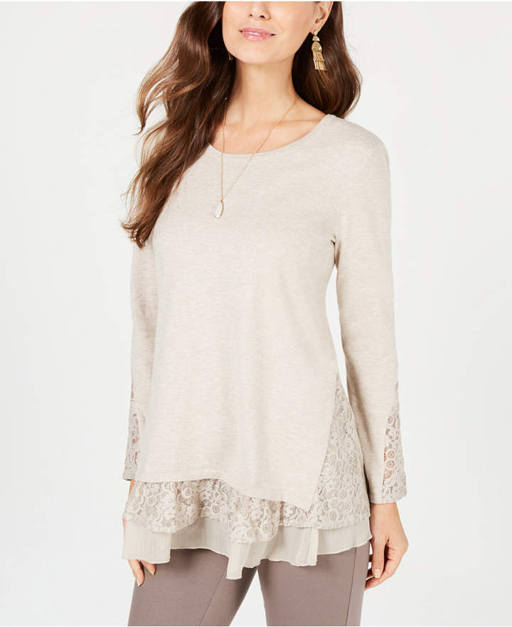 Style & Co Women's Lace Hem Tunic Sweater Beige Size Large
