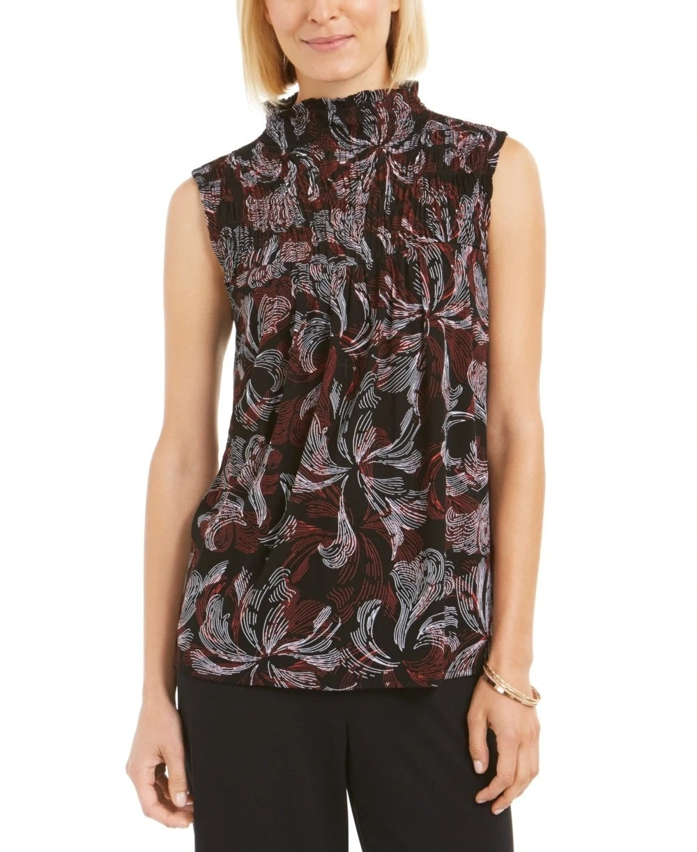 Alfani Women's Printed Smocked Mock-Neck Top Red Size Small