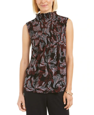 Alfani Women's Printed Smocked Mock-Neck Top Red Size Small