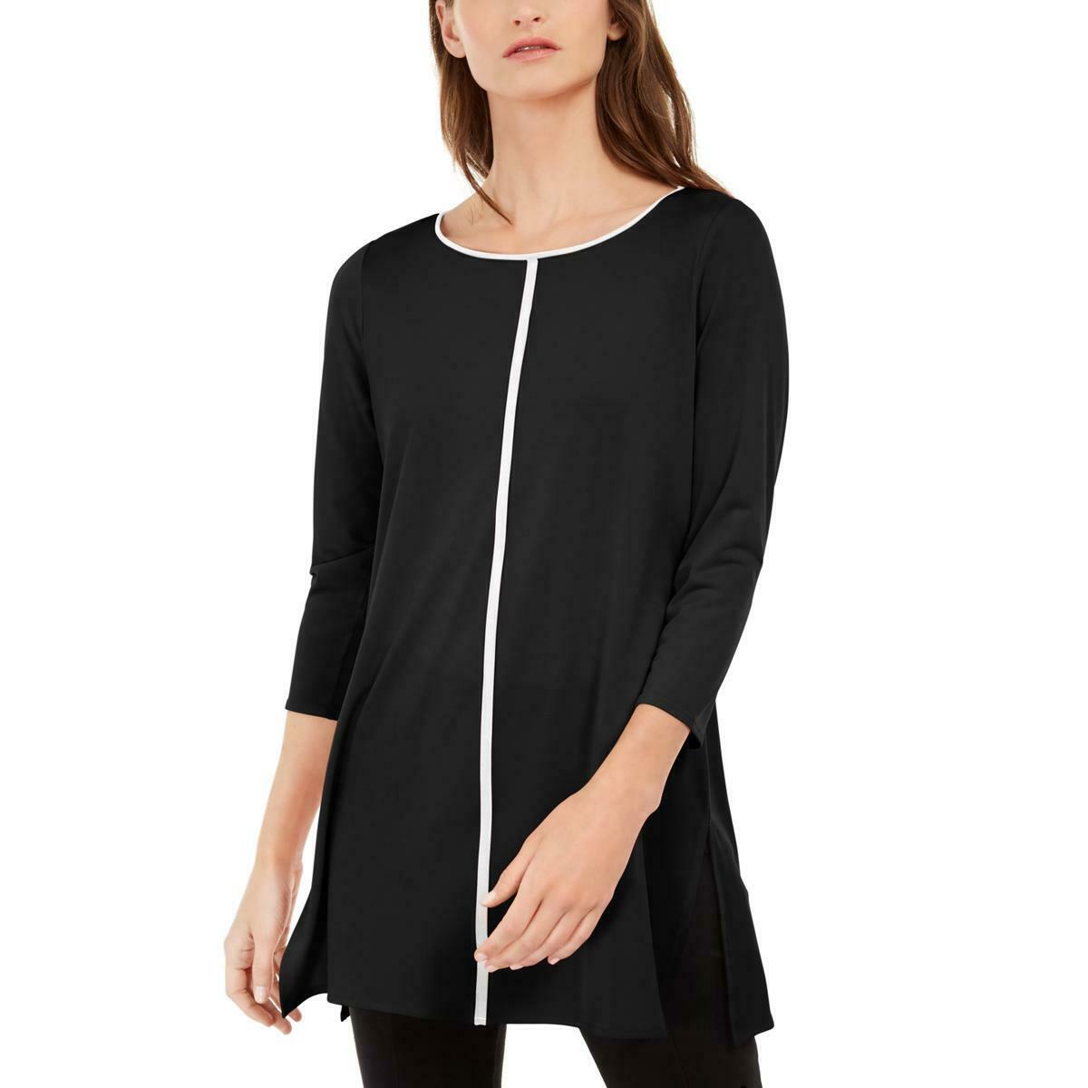 Alfani Women's Side Slits Striped Dressy Tunic Top Black Size Small
