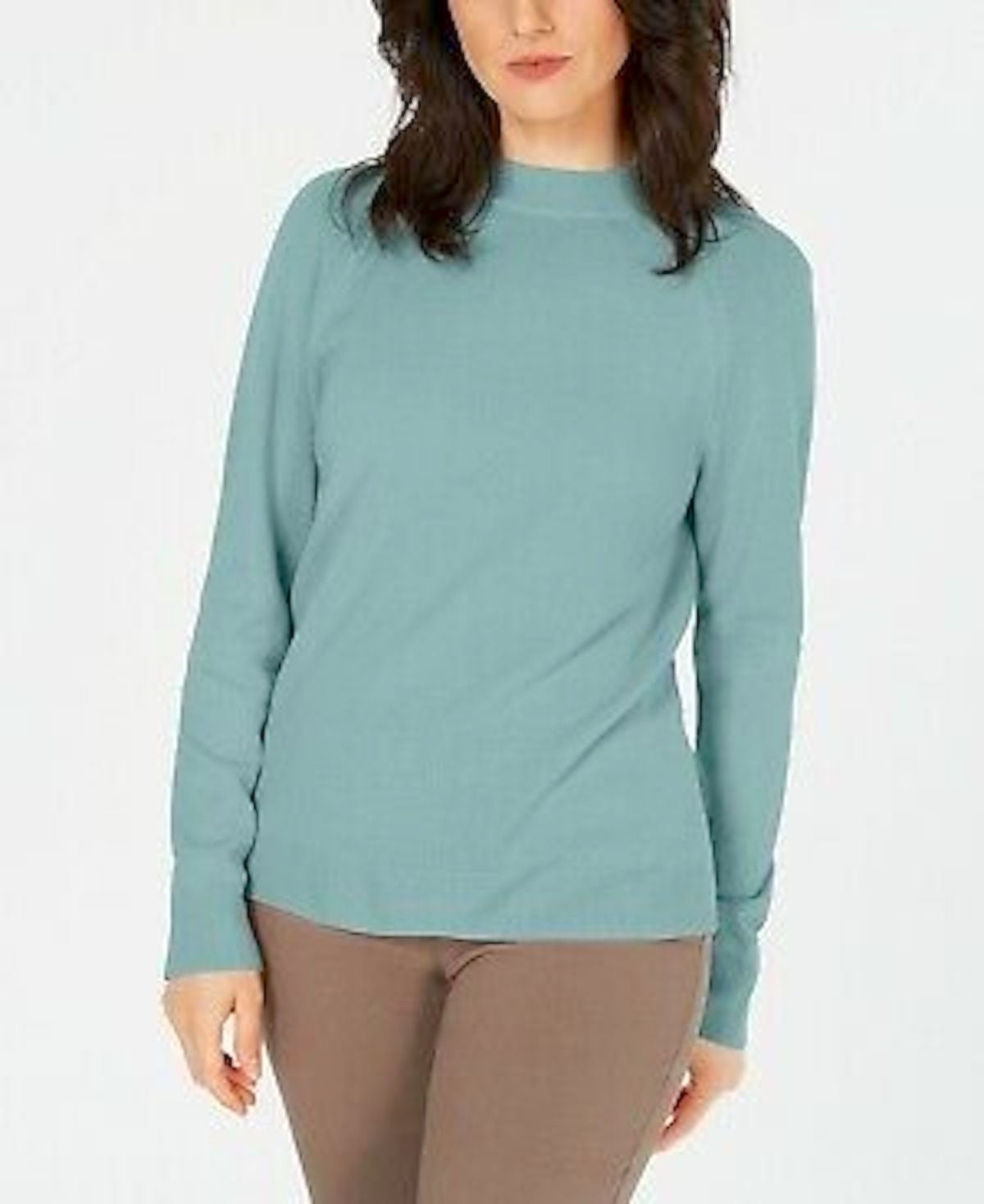 Karen Scott Women's Zip Back Mock Neck Sweater Aquifer Size Medium