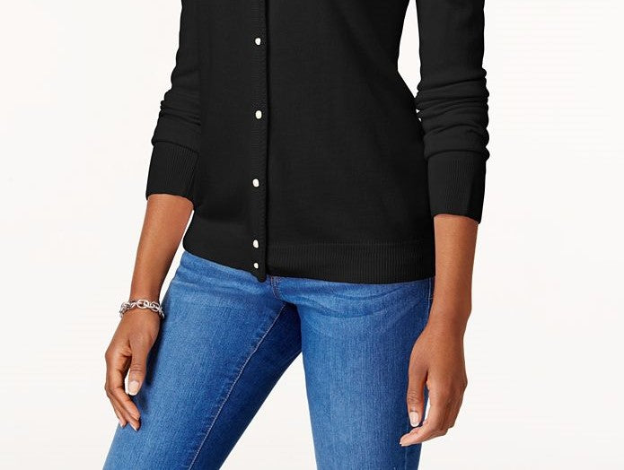 Karen Scott Women's Petite Luxsoft Button Cardigan Black Size Petite