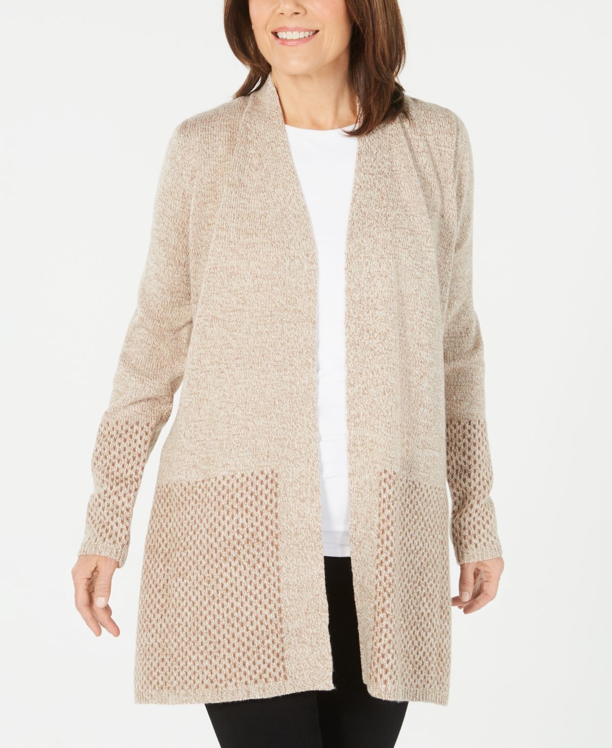 Karen Scott Women's Open-Front Contrast-Trim Cardigan Beige Size Large