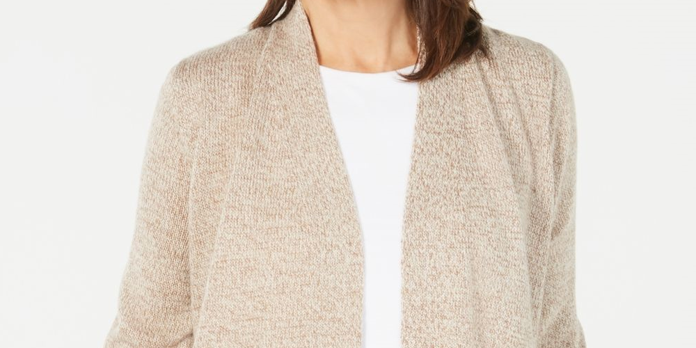 Karen Scott Women's Open-Front Contrast-Trim Cardigan Beige Size Large