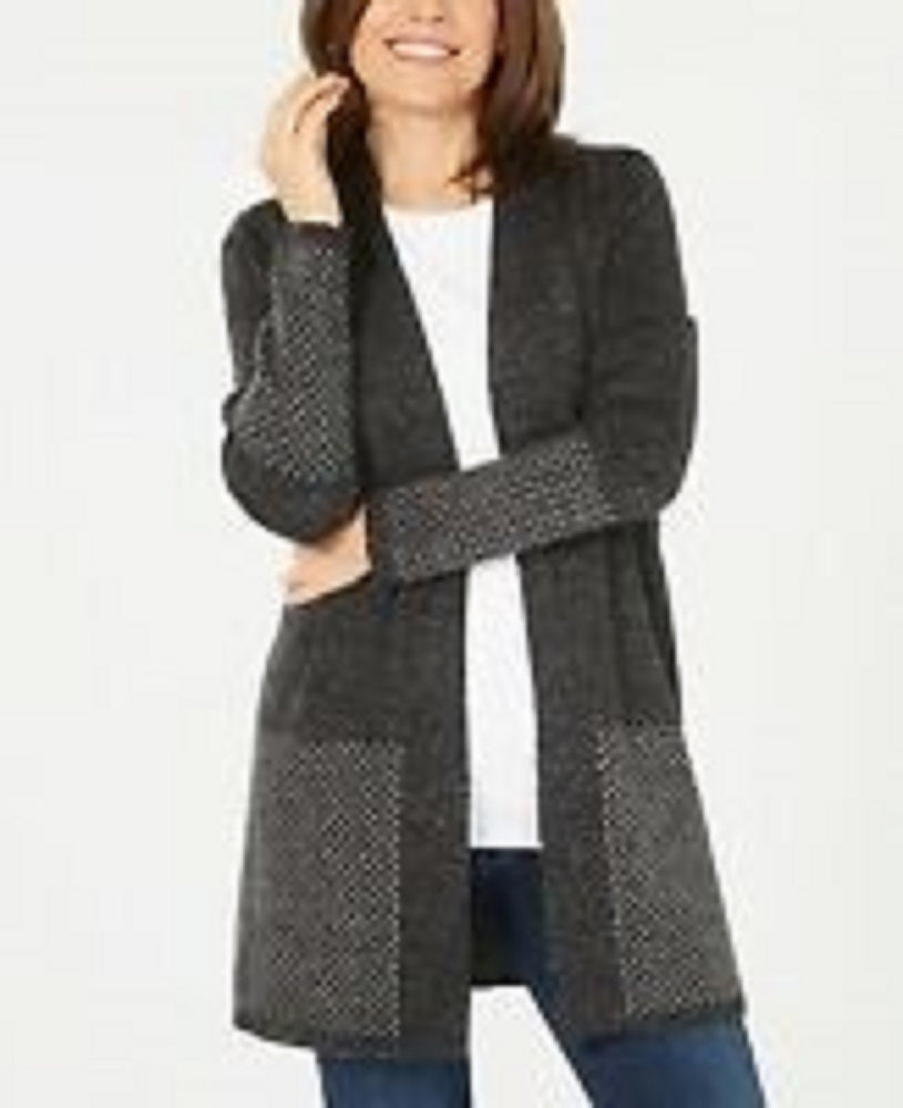 Karen Scott Women's Open-Front Contrast-Trim Cardigan Black Size Small