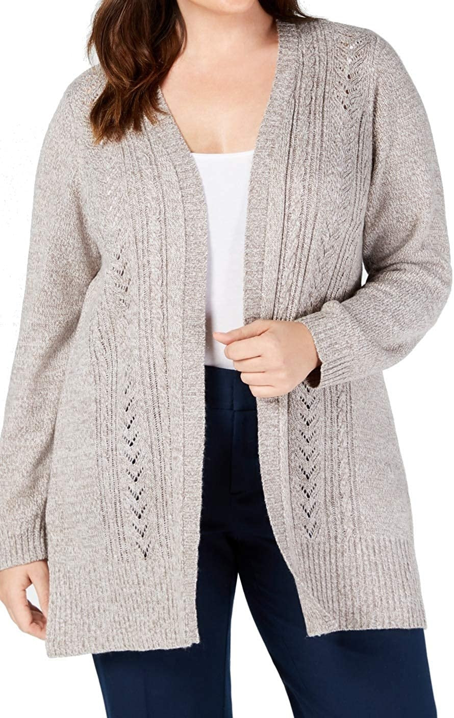 Karen Scott Women's Plus Size Pointelle Open-Front Cardigan Gull Marl Size 3X