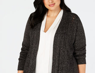 Karen Scott Women's Plus Size Pointelle Open-Front Cardigan Black Size 2X