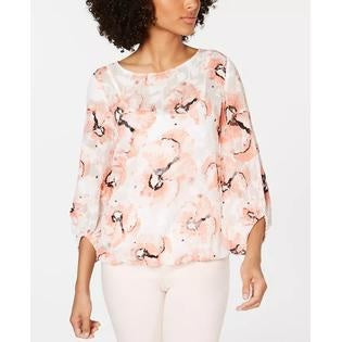 Alfani Women's Printed Bubble Hem Top Orange Size Petite Small-Medium